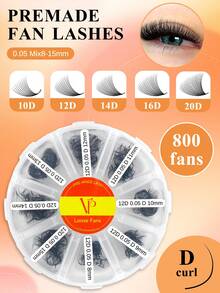 800 abanicos 10D/12D/14D/16D/20D Abanico suelto 8-15 longitudes mixtas Base puntiaguda Abanicos premontados Pestañas rusas finas, delgadas y de tallo mediano Extensiones de pestañas de 0.05mm