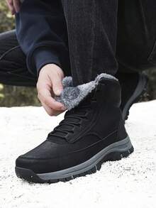 冬季户外运动男士徒步靴 - 真皮雪地靴 - 时尚大码高帮皮靴 - 休闲黑色橡胶鞋