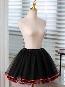 Jupe bouffante sans os style Lolita blanc et noir, mignonne. Jupon, robe Tutu avec ruban satin, accessoires pour la Saint-Valentin pour femmes - Bord noir + rouge - Voir 5