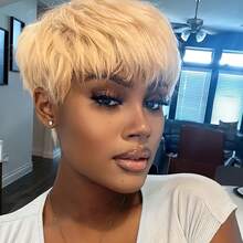 613 Blonde Short Pixie Cut Human Hair Wig With Bangs Layered Straight Style 180% Density Brazilian Remy Human Hair Blonde Laceless Design For Women Versatile For Music Festival Mother's Day Carnival Valentine's Day Halloween All Saints' Day Christmas Day Cosplay Spring Summer Autumn Winter Local Warehouse Wear And GO New Product Discounts Wigs - Gold - View 11