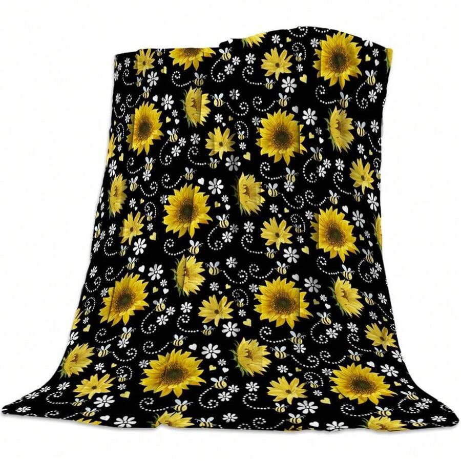 Yellow Sunflowers Bees Art Prints Throw Blanket, 2D Flat Soft Plush Flannel Throw Blankets For Bed/Couch/Sofa/Office/Camping, Perfect Caring Gift For Women Men, Easy To Care - 彩色 - 查看 1