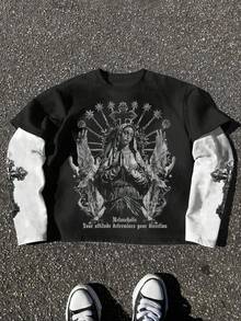 男士二合一长袖T恤，轻薄叠穿设计，短款下摆，春夏轻盈透气，饰有圣母玛利亚十字架图案，时尚休闲日常街头风，送礼佳品 - 黑與白 - 查看 1