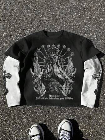 男士单件套假两件式长袖T恤，薄款叠层长袖，假两件式设计，宽松短款长袖T恤，圣母玛利亚十字架图案，时尚休闲日常街头简约风，绝佳礼品之选