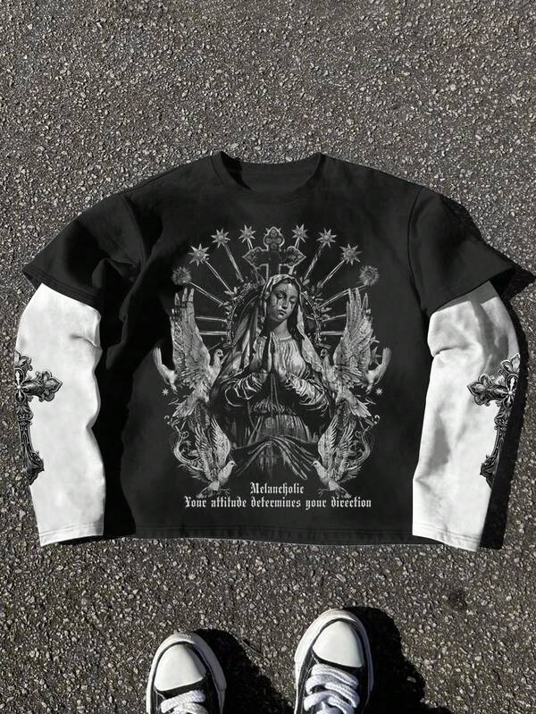 1 pieza Camiseta de manga larga 2 en 1 para hombre, diseño 2 en 1, camiseta de manga larga tipo cropped y boxy, con estampado de Virgen María y cruz, moda casual versátil y minimalista para uso diario, regalo ideal para otoño