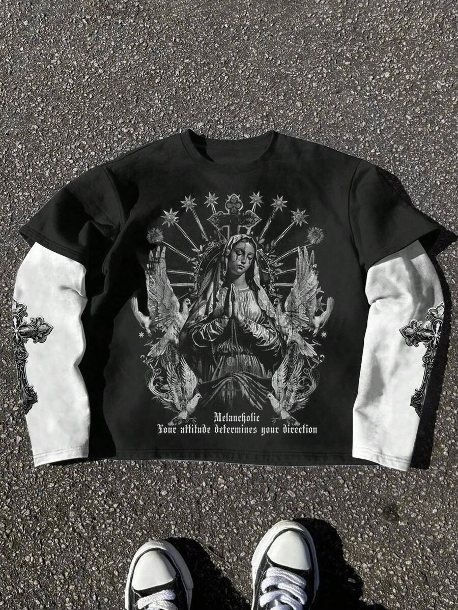 男士二合一长袖T恤，轻薄叠穿设计，短款下摆，春夏轻盈透气，饰有圣母玛利亚十字架图案，时尚休闲日常街头风，送礼佳品 - 黑與白 - 查看 1