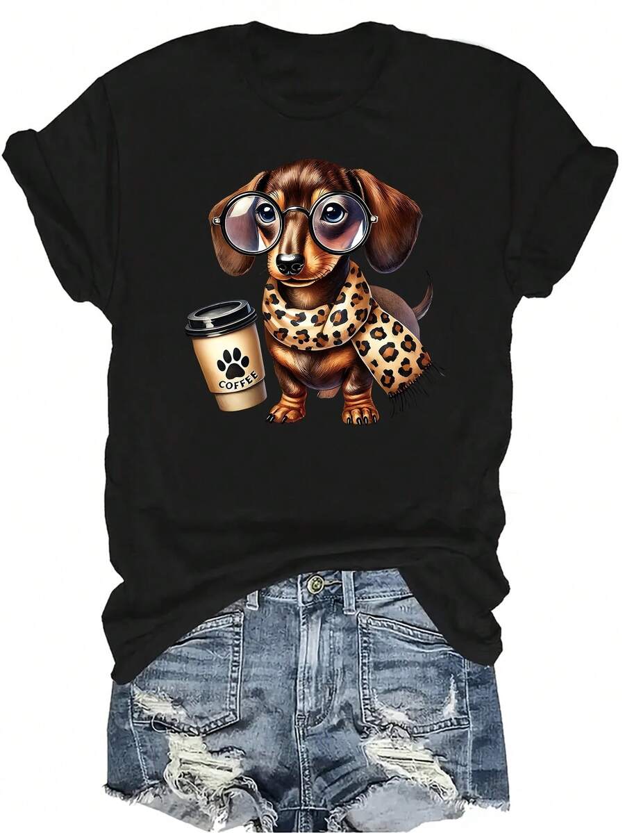 [Camiseta de moda casual] Camiseta suave y cómoda para mujer - Adorable amante del café salchicha casual de manga corta y cuello redondo, regalo perfecto para la abuela y la mamá, uso casual de primavera y verano - Negro - Ver 1