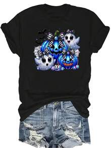 [Camiseta de moda casual] Camiseta suave y cómoda para mujer - Fantasma de Halloween, calabaza, lazo, manga corta, cuello redondo, top casual, regalo perfecto para la abuela y la mamá, uso casual de primavera y verano - Negro - Ver 1