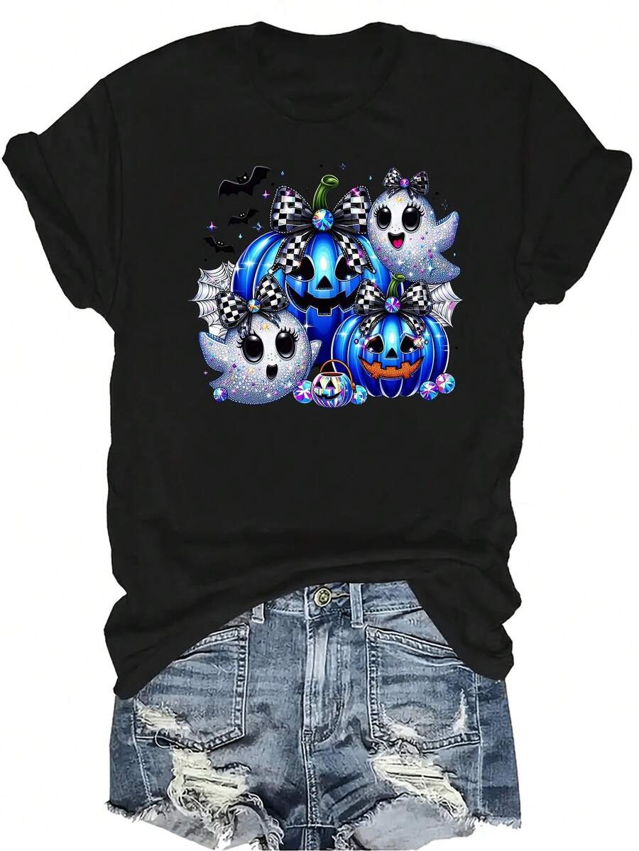 [Camiseta de moda casual] Camiseta suave y cómoda para mujer - Fantasma de Halloween, calabaza, lazo, manga corta, cuello redondo, top casual, regalo perfecto para la abuela y la mamá, uso casual de primavera y verano - Negro - Ver 1