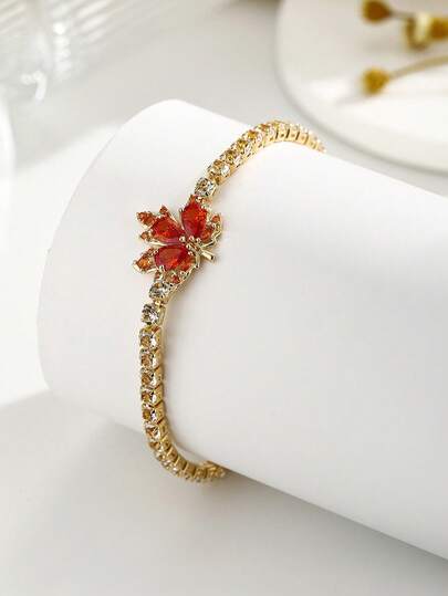 1pc Autumn/Winter Thanksgiving Maple Leaf Copper Zirconia Bracelet