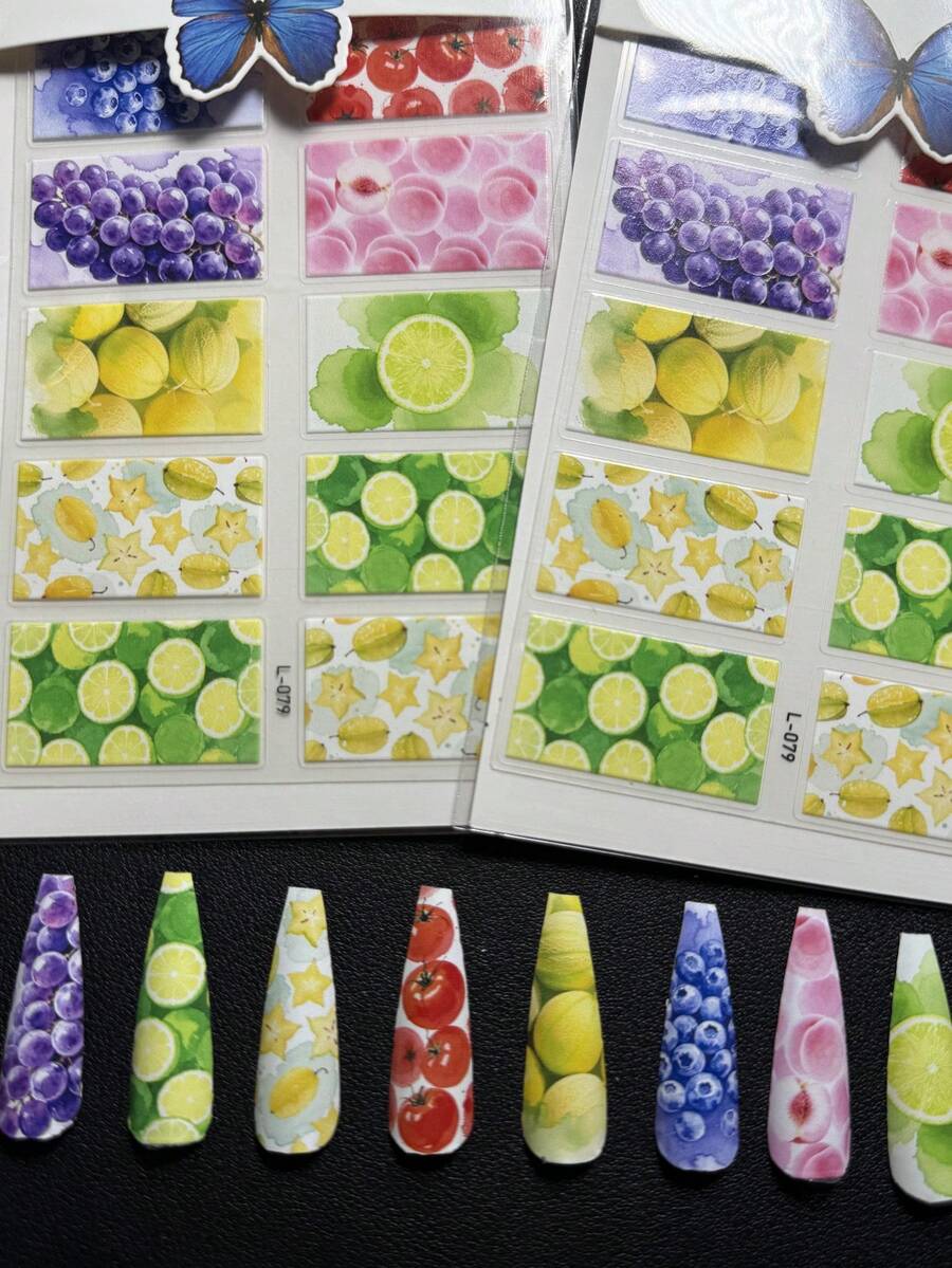 2packs Luxury Designer Original Design L-079 Lemon Grape Tomato Peach Star Fruit Style Full Nail Sticker