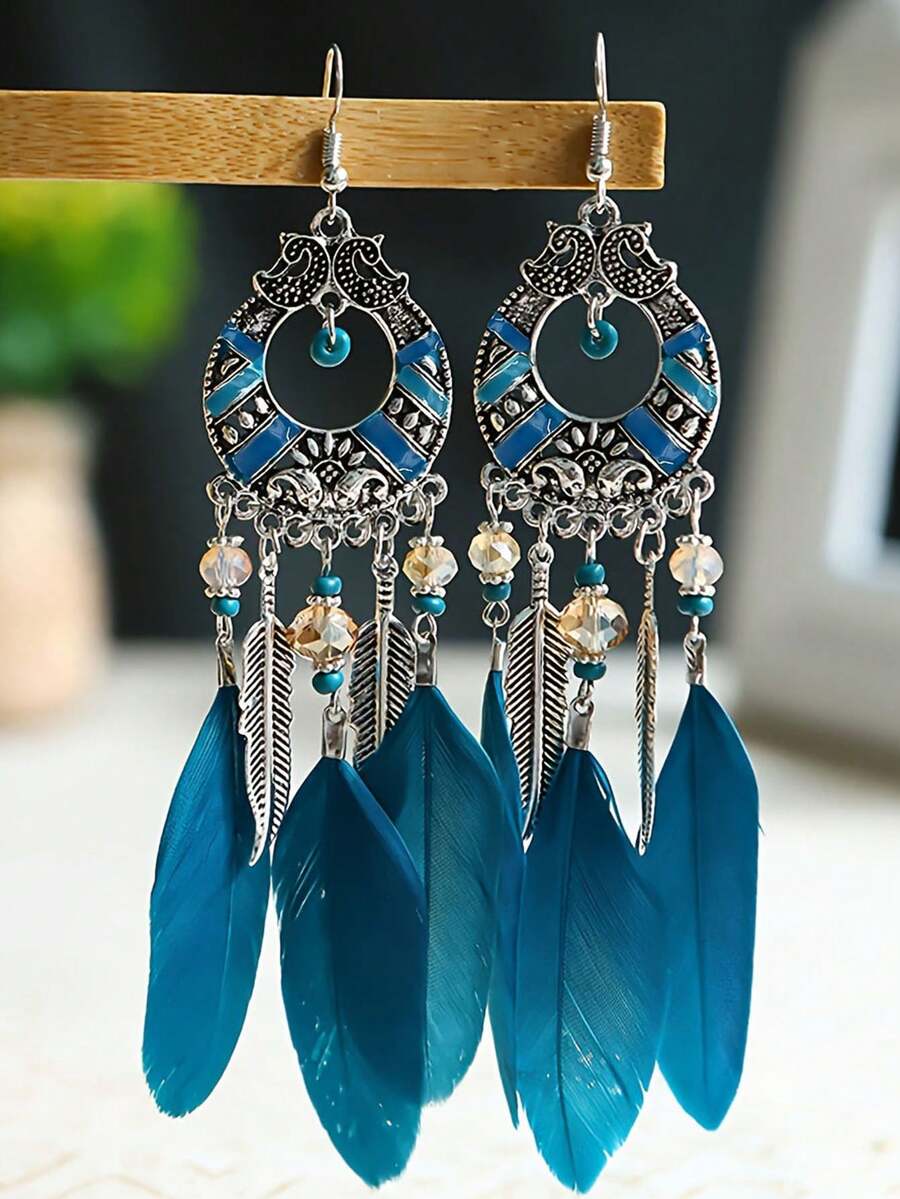 2pcs Enamel Round Bead, Bohemian Natural Feather & Leaf Tassel Long Earrings For Women
