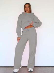 秋冬休闲纯色卫衣两件套，连帽口袋上衣搭配松紧腰抽绳直筒裤，两件套。套装 - 灰色 - 查看 5