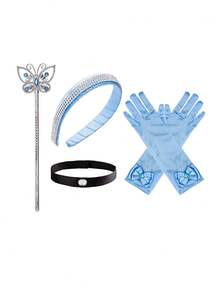 Cosplay Märchenprinzessin Krone Haarband, Schmetterling Zauberstab, Kristall High Heels, Halskette, Handschuhe Kostüm Accessoire Set, Geburtstags Party Prinzessin Haarband, Halskette, Feenzauberstab, Handschuhe Kostüm Accessoire Kombination