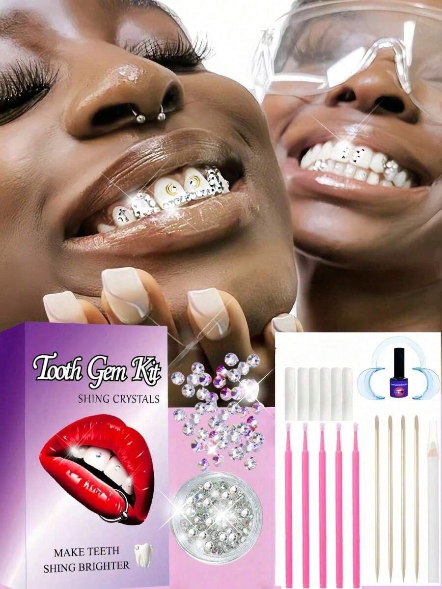 160pcs Self-Adhesive Rhinestone Tooth Jewelry Set, Sparkling Crystal Teeth Decor, Removable & Reusable, Fashionable Bling Accessories For Halloween, Parties, Clubs - Unisex - Dental Drill Set 160pcs - View 1