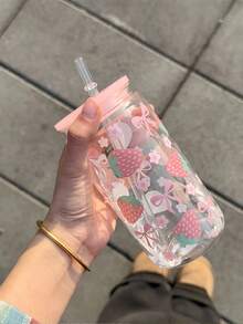 16 Oz Strawberry Floral Cup With Built-In Straw - Pastel Pink Leak-Proof Travel Water Bottle For Women, Gym, Camping, Birthday Parties - Cute Strawberry Bow Design, Valentine's Day, Mother's Day, Wedding Souvenir - Durable And Lightweight Plastic Drinkware, A Must-Have For Fitness Enthusiasts With Fun Aesthetics - 彩色 - 查看 3