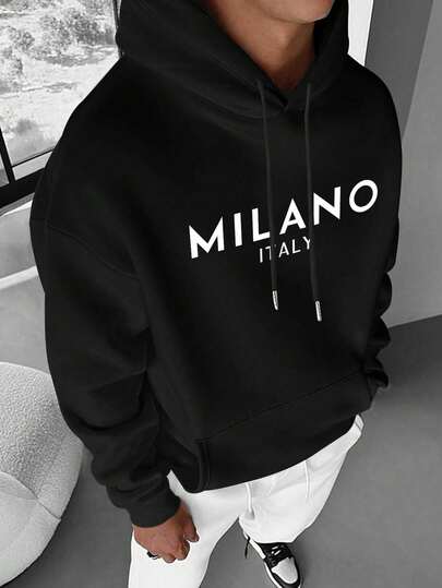 Men Creative Print & Letter Graphic Casual Sports Commuter Versatile Thermal Lined Hooded Sweatshirt, Emo Style, 2000s Style, Fall/Winter