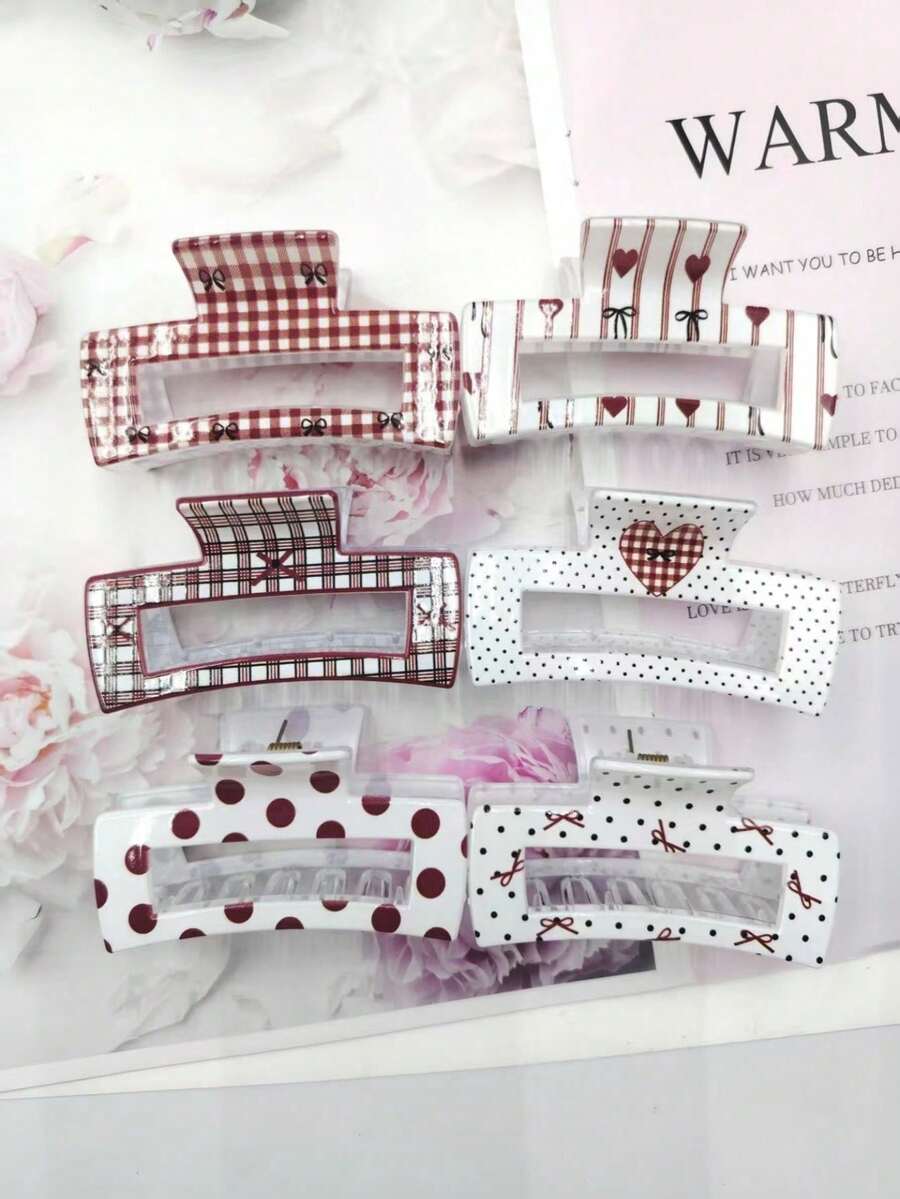3pcs/6pcs Elegant Resin Claw Clips, Medium Hair Claw With Heart & Bow Print, Cute Rectangular Hair Accessories, Suitable For Women And Girls Fashion Hair Clutch