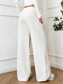 Women's Casual Versatile Solid Color Wide Leg Pants Fall Cloth For Womenwith A Stylish Fake Drawstring And Pockets - White - View 2