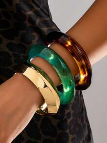 3件套时尚超大简约彩色手镯套装（女士款） - 金黃色 - 查看 3