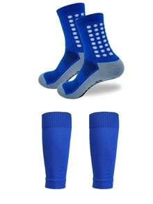 1 Set Grey Football Non-Slip Socks + Leg Sleeves, Thick Wear-Resistant Odor-Resistant Sports Cycling Socks