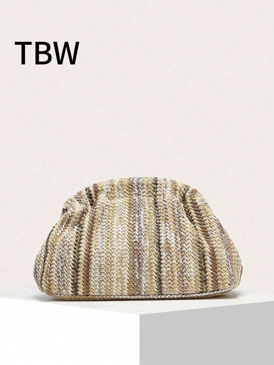 女士手提包，编织包，纯色，大容量，经典复古，按扣开合，适合度假旅行