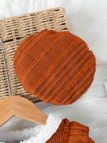 2pcs Baby Girl Dress Set, Cute Ribbed Ruffle Bow Patchwork Elastic Waist Plush Trim Princess Dress & Beret Hat Outfit, Warm Spring/Autumn Casual Wear - Brown - View 8