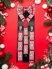 1set Men's Christmas Suspender & Bow Tie Set, Santa Ball, Reindeer, Candy Print Suspender & Bow Tie Set - Multicolor - View 19