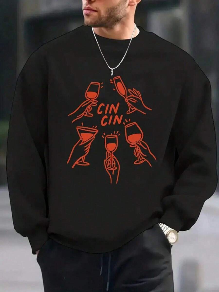 Men'S Cheers, Celebrating With A Stylish Print Round-Neck Long-Sleeve Sweatshirt, A Comfortable Regular-Fit Pullover, An Essential Top For Men In Autumn And Winter,Fall Hoodies,Men's Fall Clothes,Street Wear,Halloween,Mens Hoodies,Y2k Clothes,Jesus Hoodie,Thanksgiving Day,Nightmare Before Christmas,Christmas - 黑色 - 查看 1