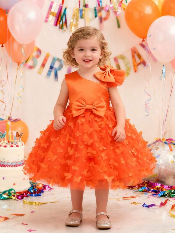 Young Girl 3D Bow Decor Butterfly Applique Tulle Princess Ruffle Dress