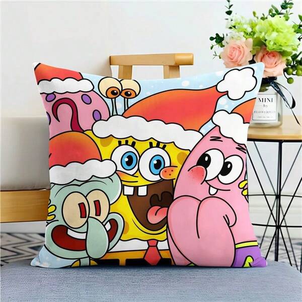 SPONGEBOB 1 Stück SpongeBob Cartoon Quadrat Plüsch Kissenbezug, super weicher Kurzflor, verdeckter Reißverschluss, Sofa Schlafzimmer Auto Deko Kissen, geeignet für Party/Feiertags Dekoration, einseitig bedruckt ohne Füllung