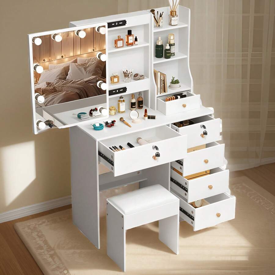 Favourite Gift White Dressing Table With Mirror Stool +6 Drawers Modern Bedroom Led Makeup Desk - White - View 1