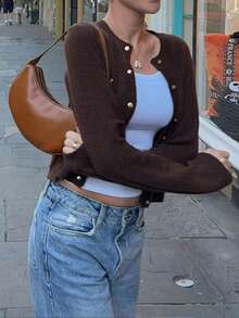 Cárdigan casual de cuello redondo de unicolor, estilo casual de influencer joven, HoloChill de Navidad, nueva llegada de otoño/invierno 2025, Año Nuevo