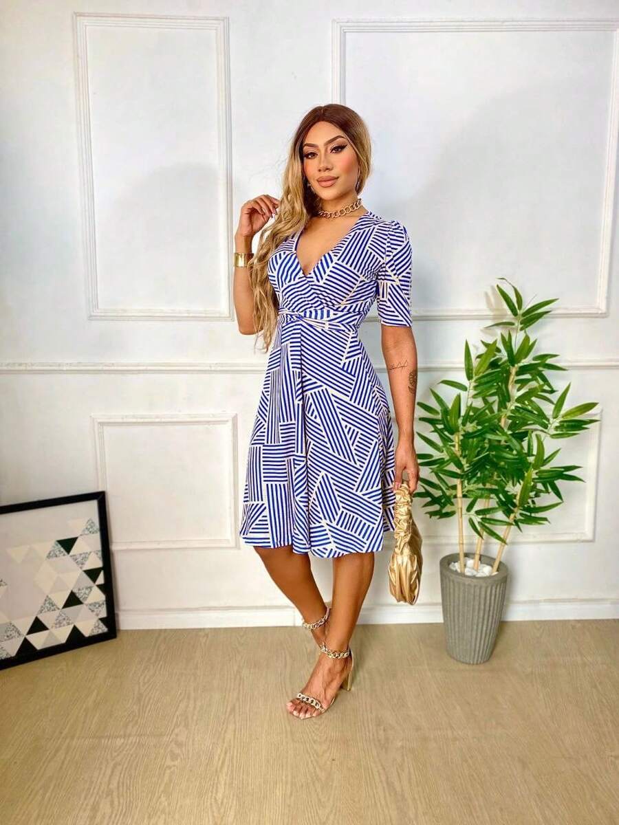 Women's Casual Elegant Printed Dress In Romantic Fabric - 寶藍色 - 查看 1