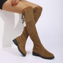 Plus Size Women Thick Sole Chunky Heel Over-The-Knee Boots, Round Toe Suede Simple Versatile Back Lace-Up Stretch Over The Knee Boots, Autumn/Winter - Mocha Brown - View 13