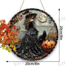 1 pièce Panneau acrylique gothique de sorcière d'Halloween avec chat noir, fantôme et citrouille Jack-O'-Lantern. Décoration murale intérieure et extérieure imperméable pour la maison, le bureau, les fêtes d'Halloween, la décoration de jardin, les faveurs de fête