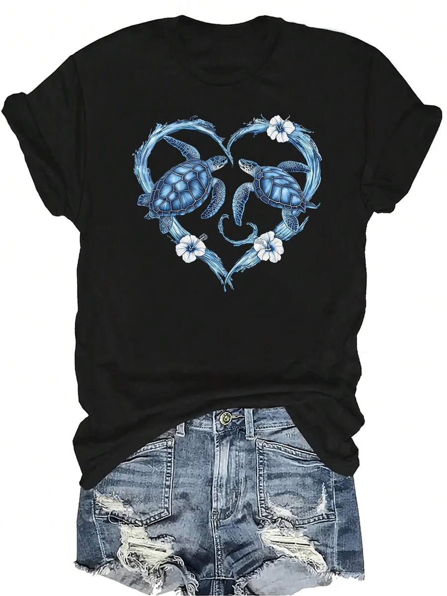 [Camiseta de moda casual] Camiseta suave y cómoda para mujer - Diseño floral con corazón de tortuga Casual de manga corta y cuello redondo, regalo perfecto para la abuela y la mamá, uso casual de primavera y verano - Negro - Ver 1