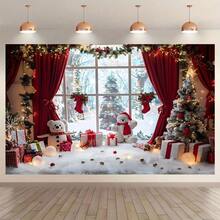 1 Stück, Weihnachts-Fotohintergrund Tuch - Lebendige ländliche Fensterszene mit Schneemännern, Bäumen und Geschenken - perfekt für Weihnachtspartys, Heimdekoration und Fotostudio-Requisiten