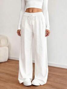 Women's Casual Versatile Solid Color Wide Leg Pants Fall Cloth For Womenwith A Stylish Fake Drawstring And Pockets - White - View 5