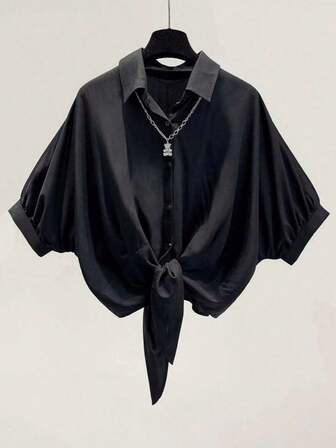 Ladies' Black Bat Sleeve Solid Button-Up Casual Business Casual Shirt, Summer Short-Sleeve Top