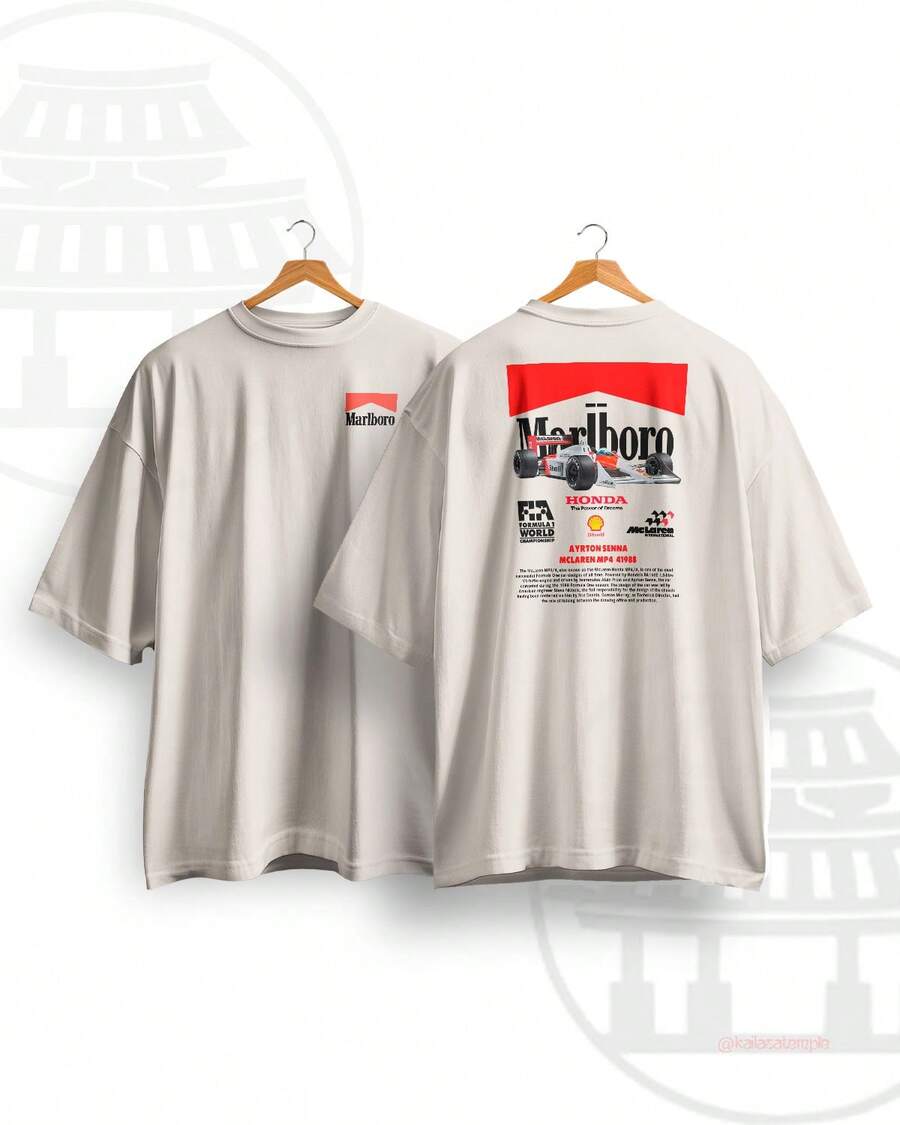 Unisex Streetwear T-Shirt – Ayrto Senn@ X McL@Ren X Malboro – 100% Premium Cotton Iconic Print - 香檳色 - 查看 1