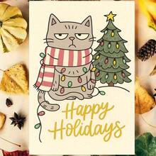 1pc Funny Christmas Card - Cute Scowling Cat With Red & White Scarf, Beige Background - Holiday Greeting Card For Friends, Family, Coworkers - Christmas Party, Office, Or Everyday Decoration - No Batteries Needed - Perfect Christmas Gift Idea, Festive Stationery, Whimsical Design, Durable Paper, Office Workers, White Christmas Cat Card,