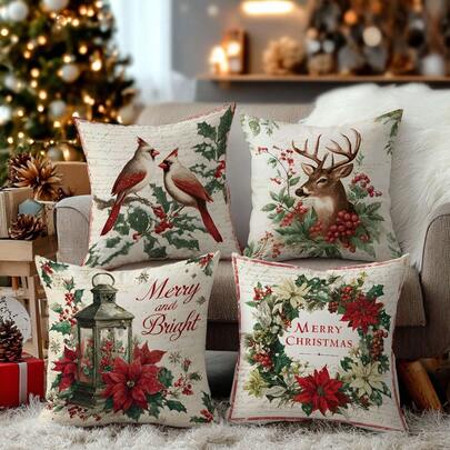 4pcs Christmas Retro Reindeer & Poinsettia Pillow Cover Set, Single-Sided Printed Coral Fleece Polyester Material, 45*45CM/18*18inch Cushion Cover For Modern Fabric Sofa Indoor Decor, Party Decoration, Gift