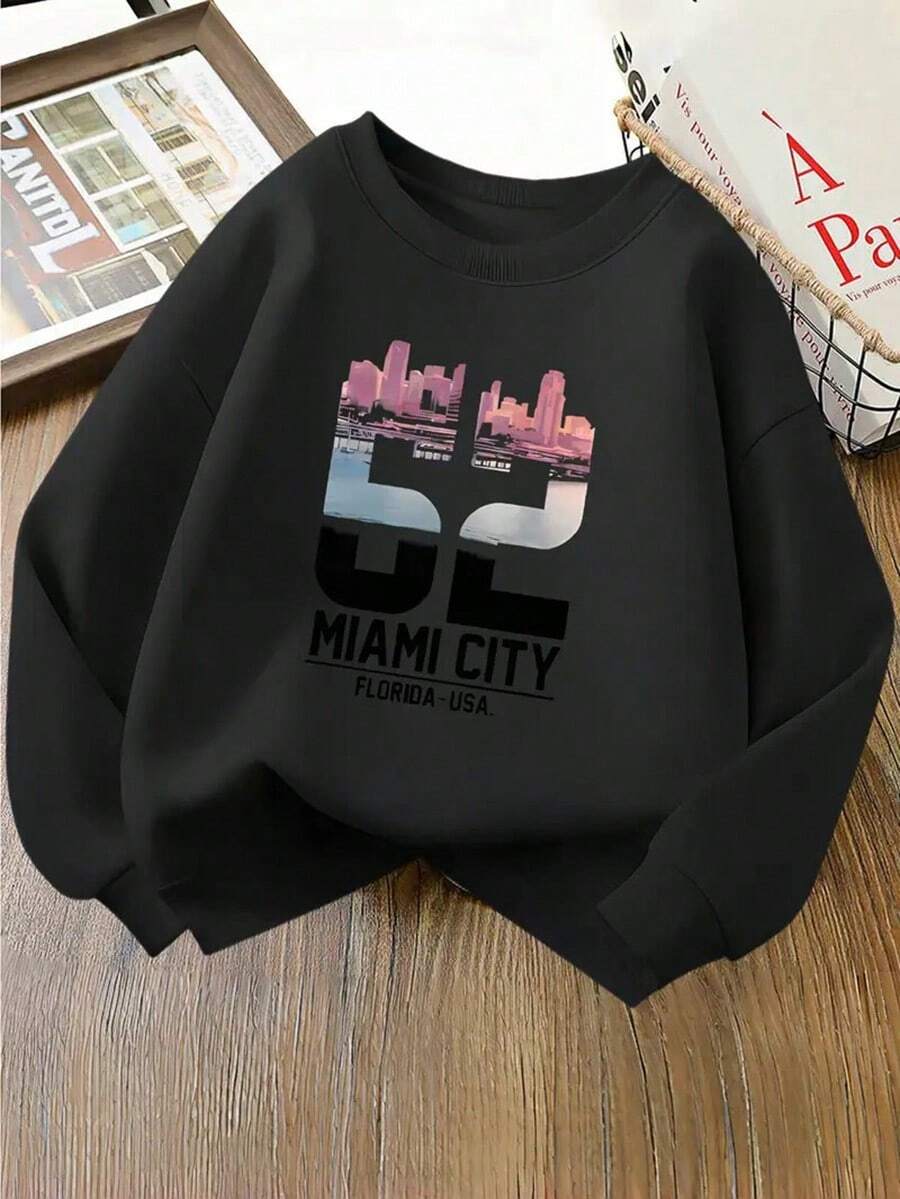 MEN'S Casual Crew Neck Sweatshirt With Miami Cityscape Print - Black, Long Sleeve, Polyester Blend, Fall-Winter Wear, Fall Winter Apparel,Fall Hoodies,Men's Fall Clothes,Street Wear,Halloween,Mens Hoodies,Y2k Clothes,Jesus Hoodie,Thanksgiving Day,Nightmare Before Christmas,Christmas - Black - View 1