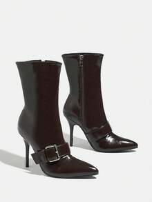 Bottes cheville classiques pour femmes, bottes de randonnée casual, bottes à talons aiguilles à bout pointu pour l'automne/l'hiver. Bottes élégantes et confortables marron foncé avec fermeture éclair latérale - marron foncé - Voir 4