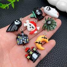 1 paquete de dijes de resina de Halloween de colores aleatorios con diseños de fantasmas, calabazas, calaveras y murciélagos para hacer manualidades de joyería como pulseras, collares y aretes para el Día de los Muertos y fiestas de Halloween
