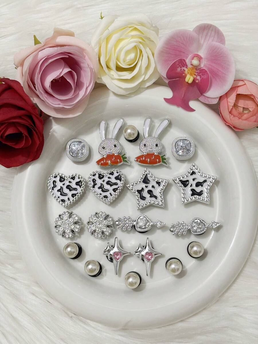20 Stücke/Set Neue Mode Hochwertige Tropföl Niedliche Kaninchen Serie DIY Loch Schuhe Dekorative Accessoires - Tropföl Herz, Pentagramm, Kristall Quadratische Schnalle, 3D Perle, Abnehmbare Schuhschnallen Accessoires, ABS Kunststoff Material, Geeignet für Lochschuhe, Strand, Zuhause im Sommer