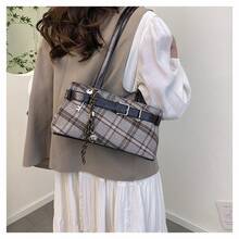 Vintage Plaid Shoulder Bag| Checkered Tote With Pendant, Perfect For Commute, Shopping & Holiday Gifts - Coffee - View 7
