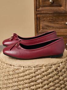MonaNise Sapatos baixos femininos de bico quadrado, bico fino, com laço de damasco, preto e branco, casuais para atividades ao ar livre, cáqui de alta qualidade, versáteis - Borgonha - Ver 5