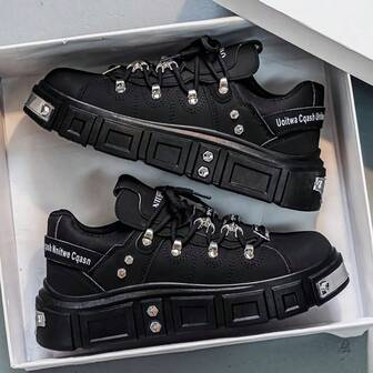 Men's High-Quality Punk-Style Metal Feeling Thick-Soled Lace-Up Derby Shoes, Personalized Casual Shoes, Black Patchwork Versatile