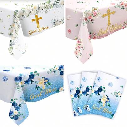 1 Piece Of God Bless Baptism Tablecloth Decoration, First Communion Table Cover, Baptism Party Supplies, Disposable Plastic Cross Tablecloth, Celebration Tablecloth